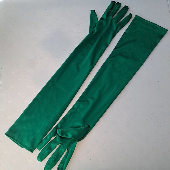 Green Satin Finish Opera Gloves 22" Halloween Costume Elegant Formal Stretch - Picture 4 of 9